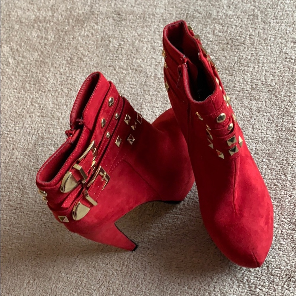 These are suede with buckles and rhinestones